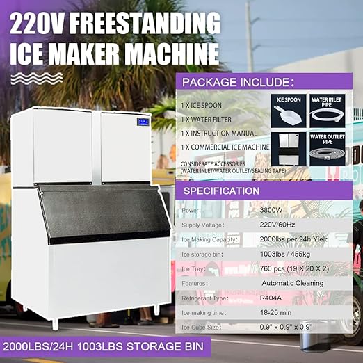 Commercial Ice Maker Machine 2000lbs/24H 220V Automatic Cleaning Ice Machine 1003lbs Ice Storage Capacity Professional Refrigeration Equipment