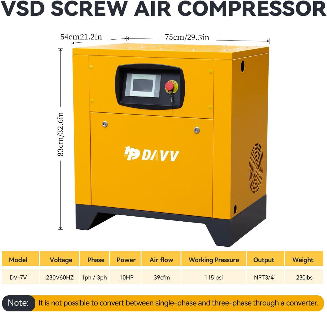 HPDMC Air Compressor PM VSD Rotary Screw Air Compressor 10HP/7.5KW 39CFM@115PSI 230V