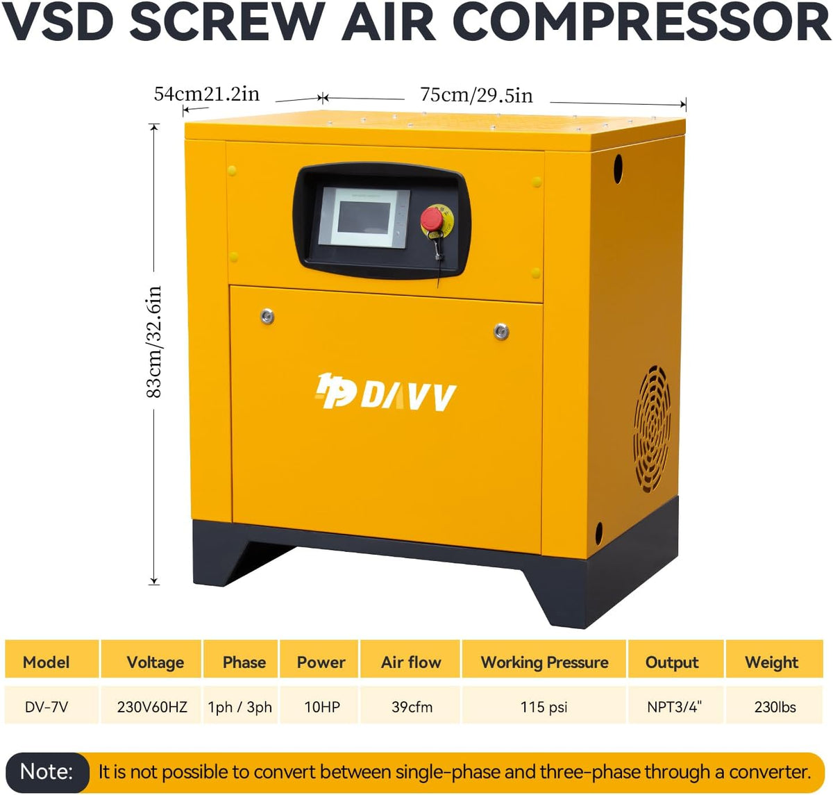 HPDMC Air Compressor PM VSD Rotary Screw Air Compressor 10HP/7.5KW 39CFM@115PSI 230V