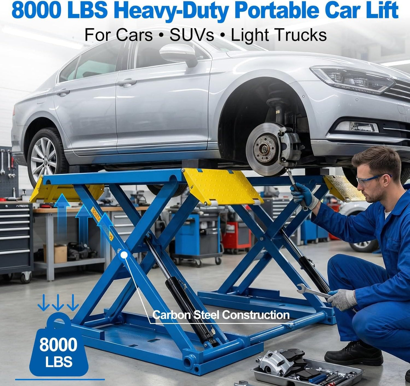 HPDMC Car Lift 8000 LBS Portable Car Lift with Electric Unlock, 40" Max Lift Height Heavy-Duty Hydraulic Vehicle Lift, Rolling Garage Auto Lift for SUVs, Trucks & Light Duty Vehicles, 110V