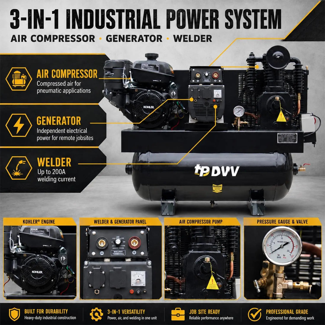 HPDMC Gas Powered Air Compressor 3‑in‑1 Two‑Stage Air Compressor/Generator/Welder Combo – 14 HP CH440 Engine