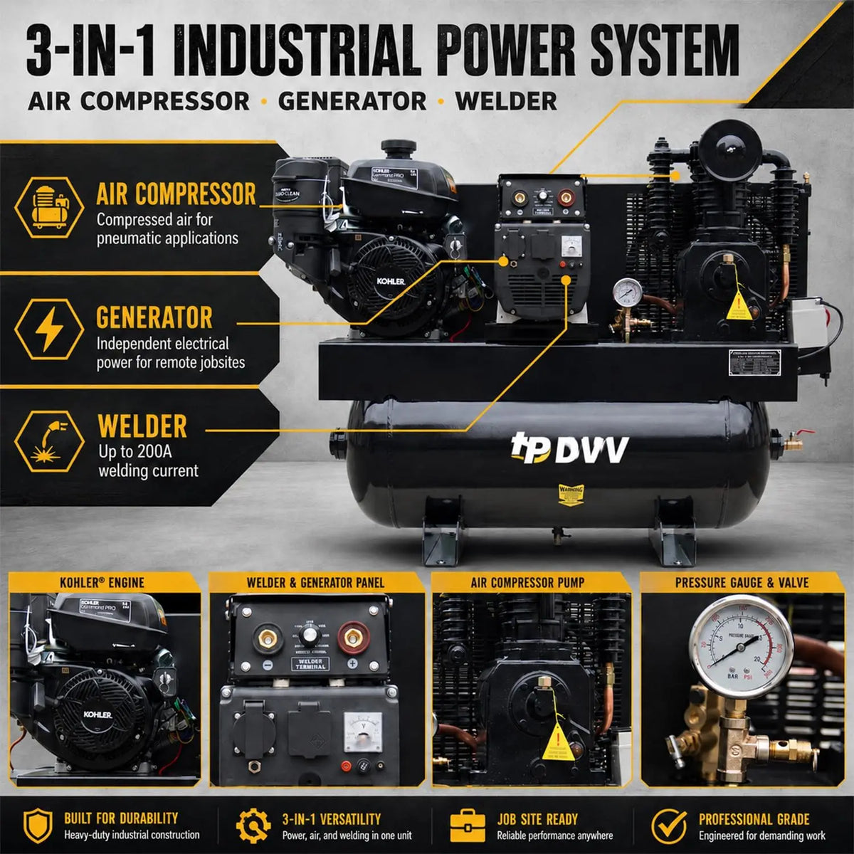 HPDMC Gas Powered Air Compressor 3‑in‑1 Two‑Stage Air Compressor/Generator/Welder Combo – 14 HP CH440 Engine