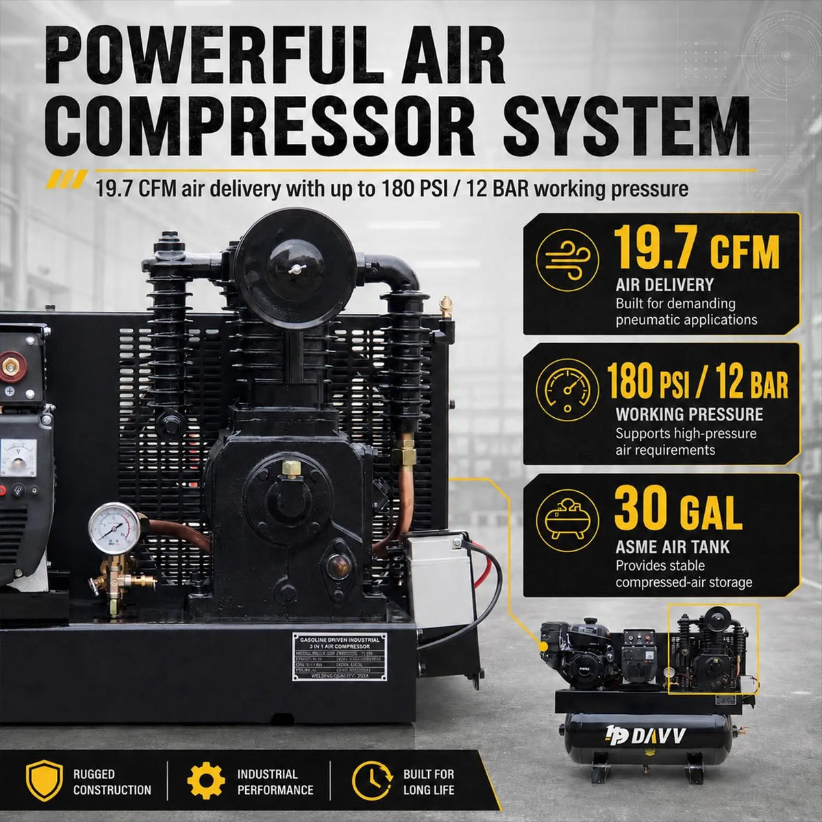 HPDMC Gas Powered Air Compressor 3‑in‑1 Two‑Stage Air Compressor/Generator/Welder Combo – 14 HP CH440 Engine