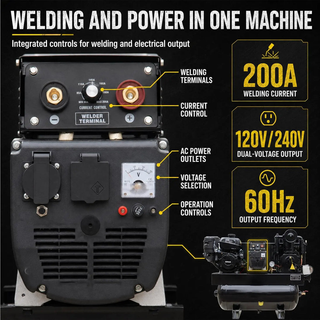 HPDMC Gas Powered Air Compressor 3‑in‑1 Two‑Stage Air Compressor/Generator/Welder Combo – 14 HP CH440 Engine