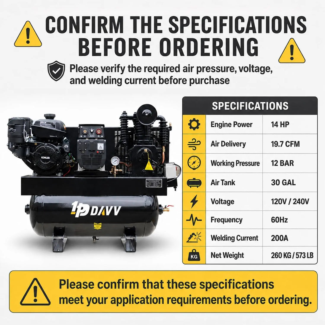 HPDMC Gas Powered Air Compressor 3‑in‑1 Two‑Stage Air Compressor/Generator/Welder Combo – 14 HP CH440 Engine