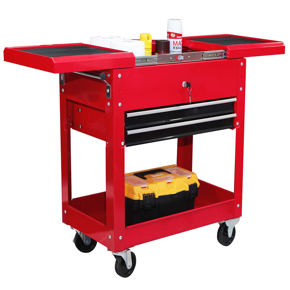 Steel Tool Service Utility Push Cart with Lockable Drawers