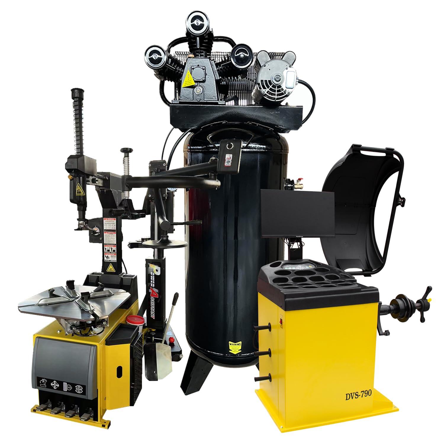 24'' Rim 1.5HP Tire Changer w/Assist Arm and 10''-24'' Rim Tire Balancer Combo 5HP Air Compressor w/ 60Gal ASME Tank for Tire Repair and Wheel Balancing Garage Shop Equipment