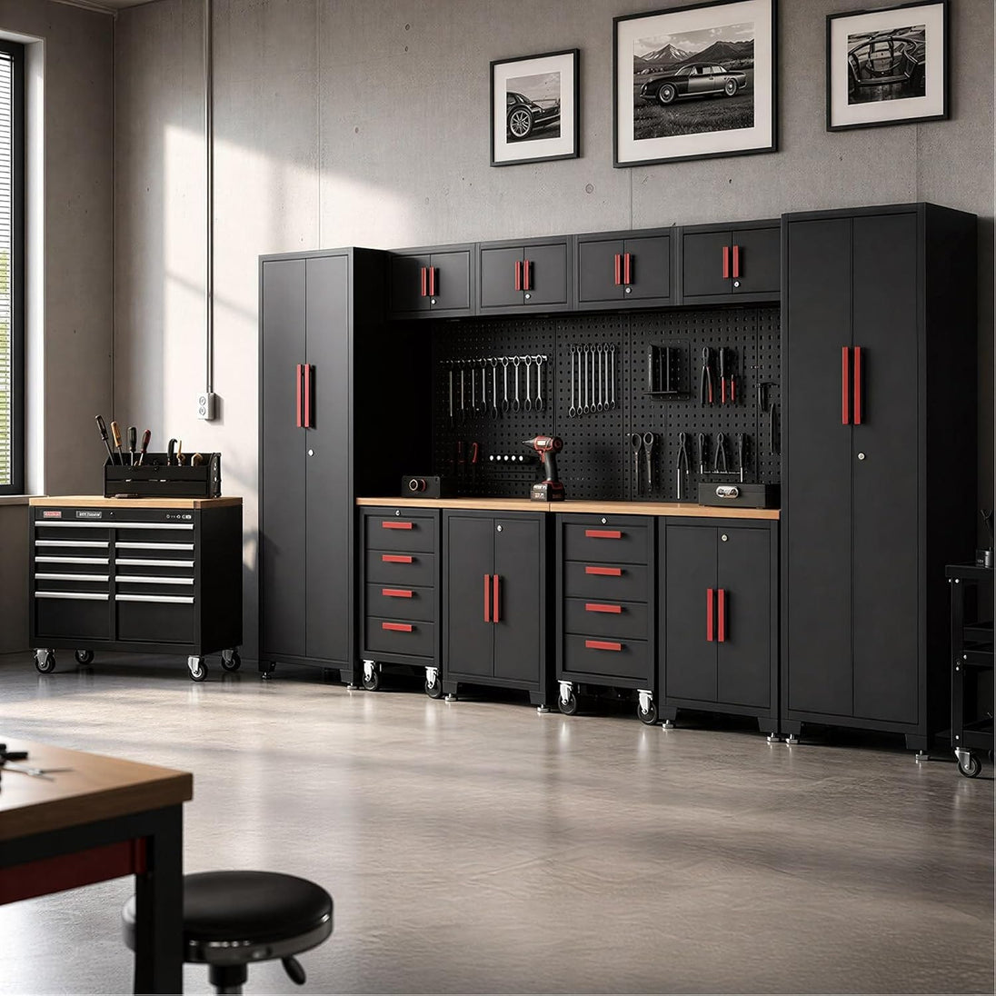 TCE Cabinet Set TCE Garage Storage Cabinets System, 12Pcs Workshop Cabinet Set in Black
