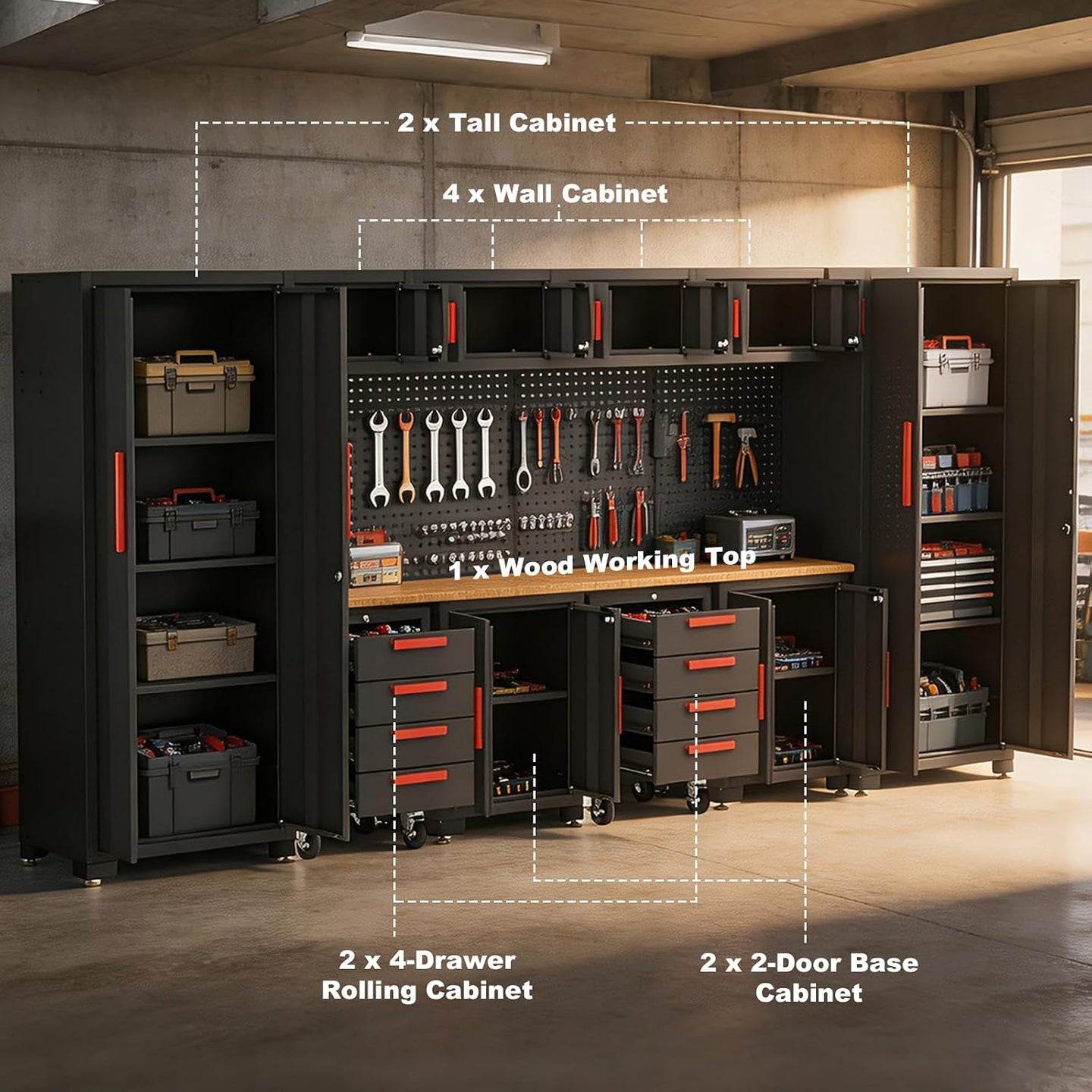 TCE Cabinet Set TCE Garage Storage Cabinets System, 12Pcs Workshop Cabinet Set in Black