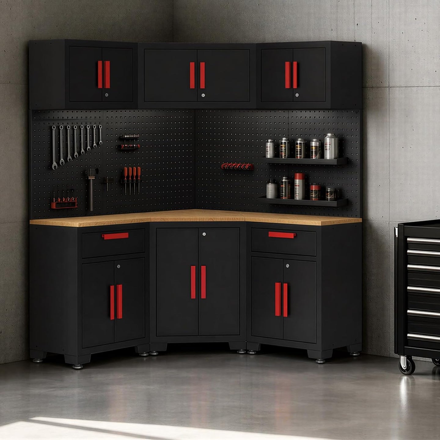 TCE Cabinet Set TCE Garage Storage Cabinets System, 10-Pcs Corner Cabinet Set in Black