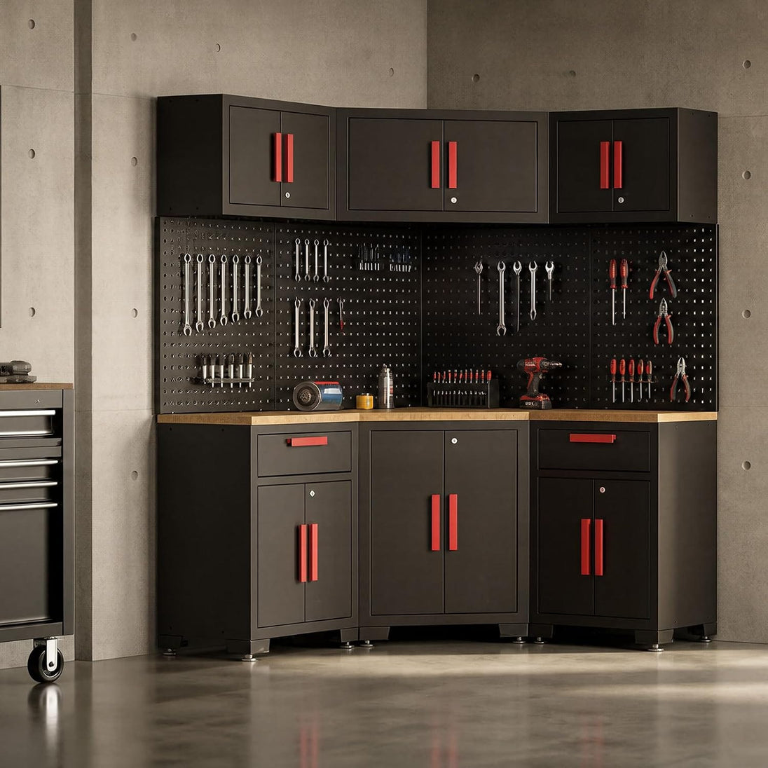 TCE Cabinet Set TCE Garage Storage Cabinets System, 10-Pcs Corner Cabinet Set in Black