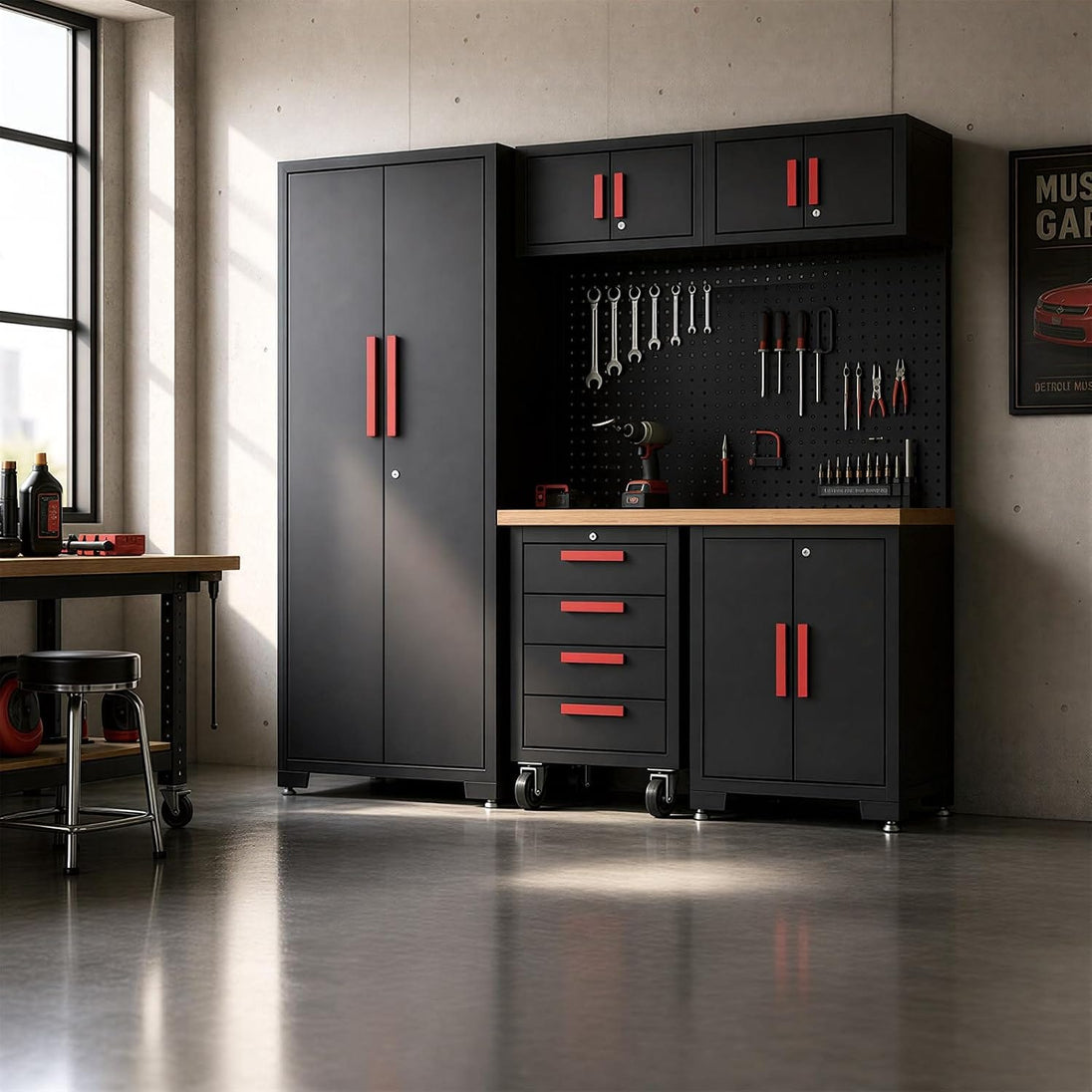 TCE Cabinet Set TCE Garage Storage Cabinets System, 6-Pcs Workshop Cabinet Set in Black