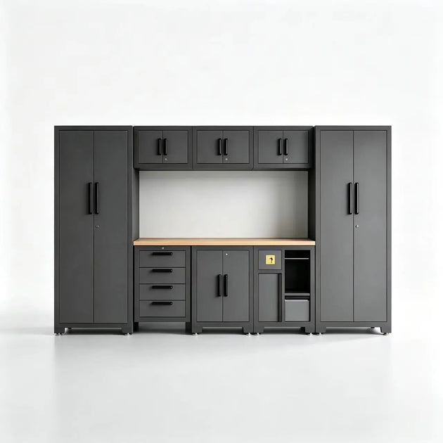 TCE Cabinet Set Tce Garage Cabinets Storage System, 9-Pcs Included Steel Cabinets Drawers Rolling Chest and Trash Can Cabinet, Locked Storage Cabinet, Perfect for Organizing Garage and Tools, 2-Year Warranty
