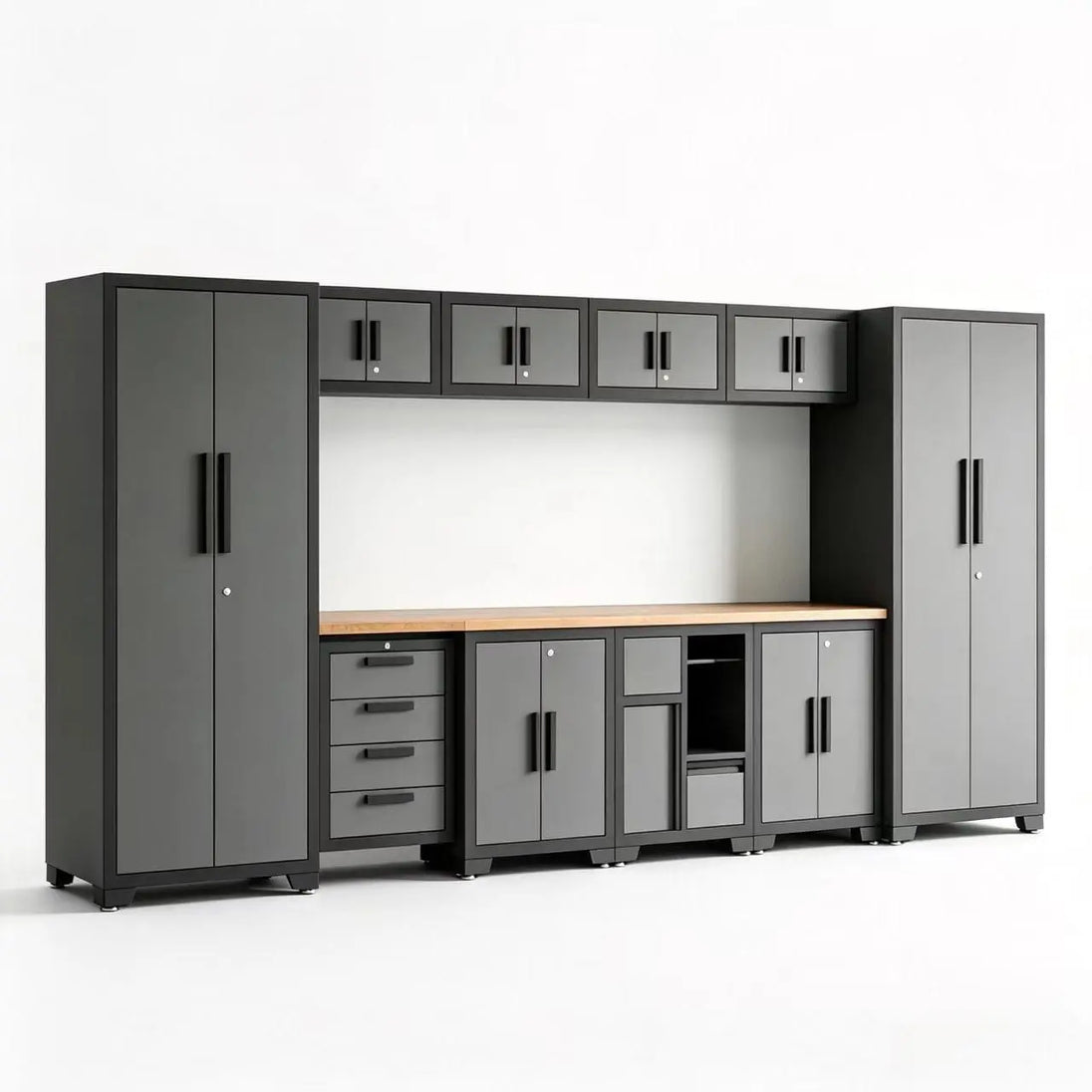TCE Cabinet Set Garage Cabinets Storage System, 12-Pcs Steel Garage Cabinets with Drawers, Rolling Chest, Trash Can Cabinet and Lockable Storage, Perfect for Organizing Garage and Tools, 2-Year Warranty