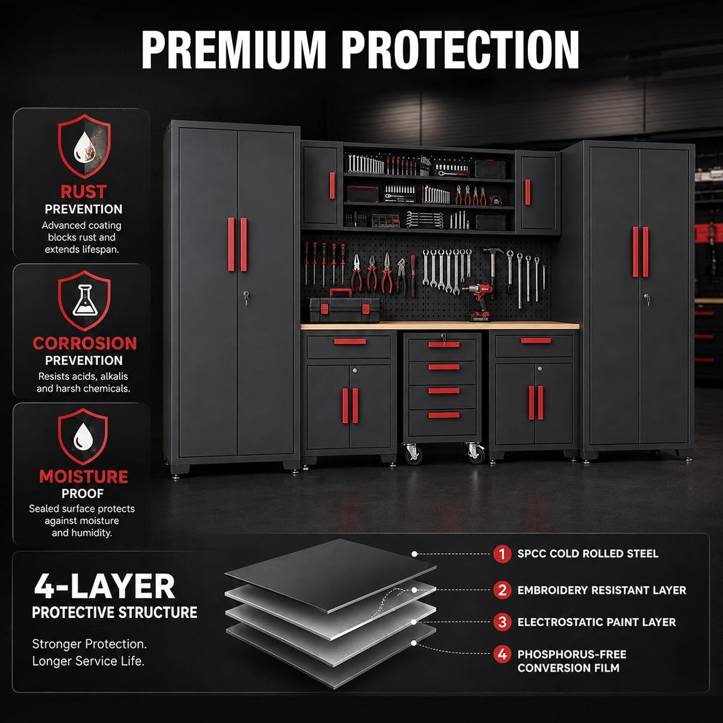 TCE Cabinet Set TCE Garage Storage Cabinets System, 8-Pcs Workshop Cabinet Set in Black, Included Steel Cabinets Drawers Rolling Chest and Pegboard,Locked Garage Storage Cabinet, 2-Year Warranty