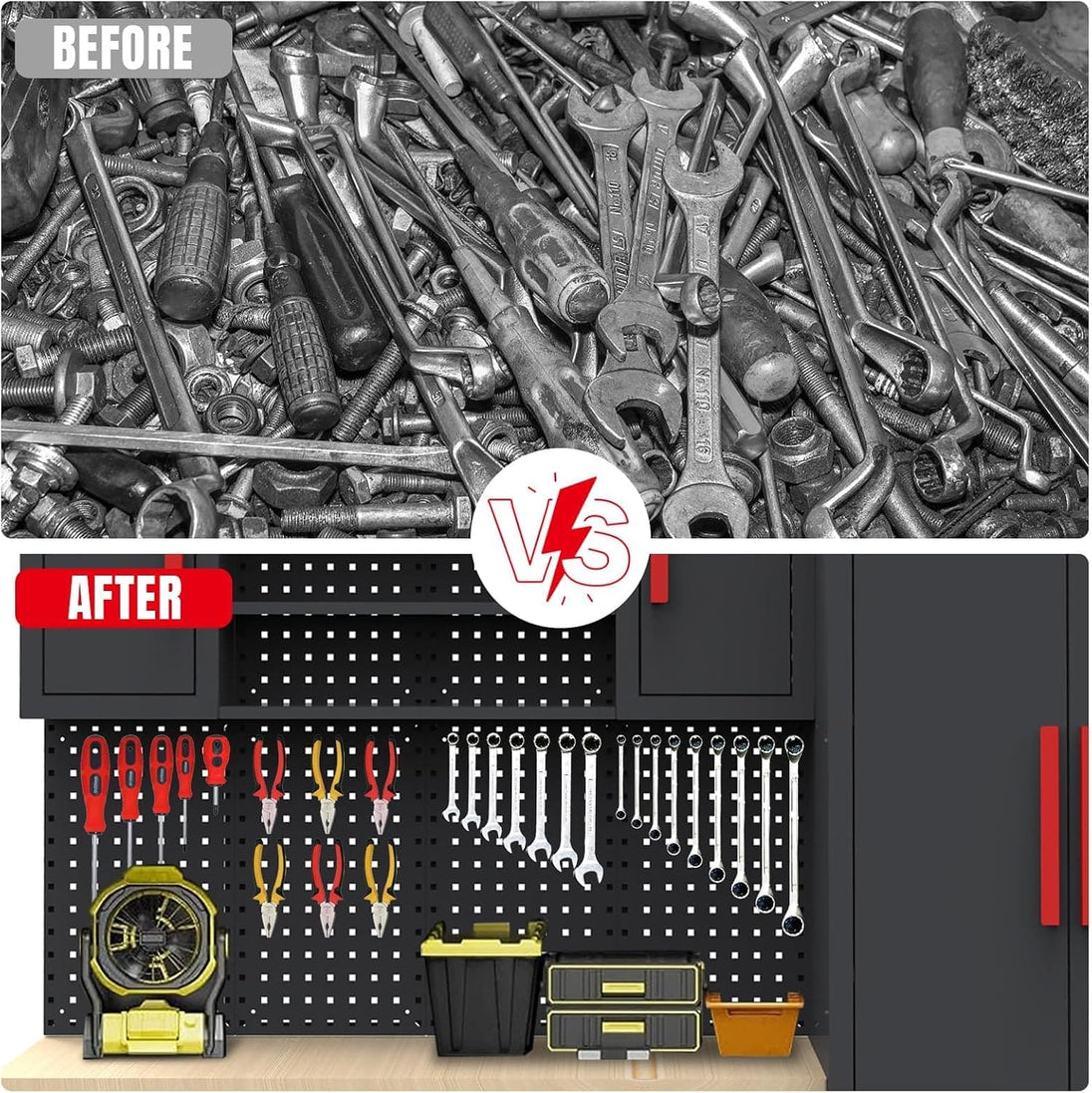 TCE Cabinet Set TCE Garage Storage Cabinets System, 16-Pcs Workshop Cabinet Set in Black, Included Steel Cabinets Drawers Rolling Chest and Pegboard,Locked Garage Storage Cabinet, 2-Year Warranty