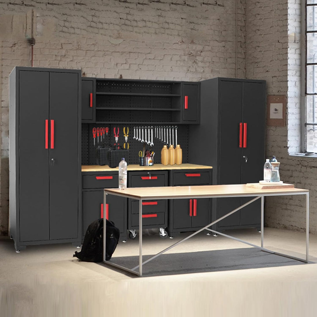 TCE Cabinet Set TCE Garage Storage Cabinets System, 16-Pcs Workshop Cabinet Set in Black, Included Steel Cabinets Drawers Rolling Chest and Pegboard,Locked Garage Storage Cabinet, 2-Year Warranty