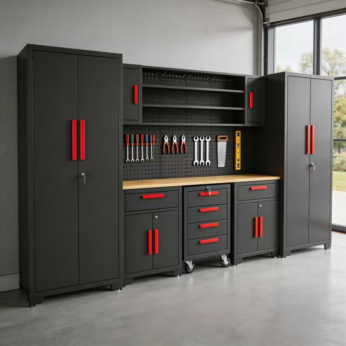 TCE Cabinet Set TCE Garage Storage Cabinets System, 16-Pcs Workshop Cabinet Set in Black, Included Steel Cabinets Drawers Rolling Chest and Pegboard,Locked Garage Storage Cabinet, 2-Year Warranty