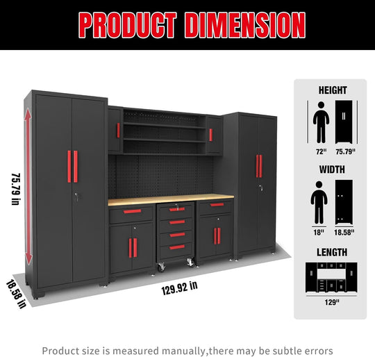 TCE Cabinet Set TCE Garage Storage Cabinets System, 16-Pcs Workshop Cabinet Set in Black, Included Steel Cabinets Drawers Rolling Chest and Pegboard,Locked Garage Storage Cabinet, 2-Year Warranty