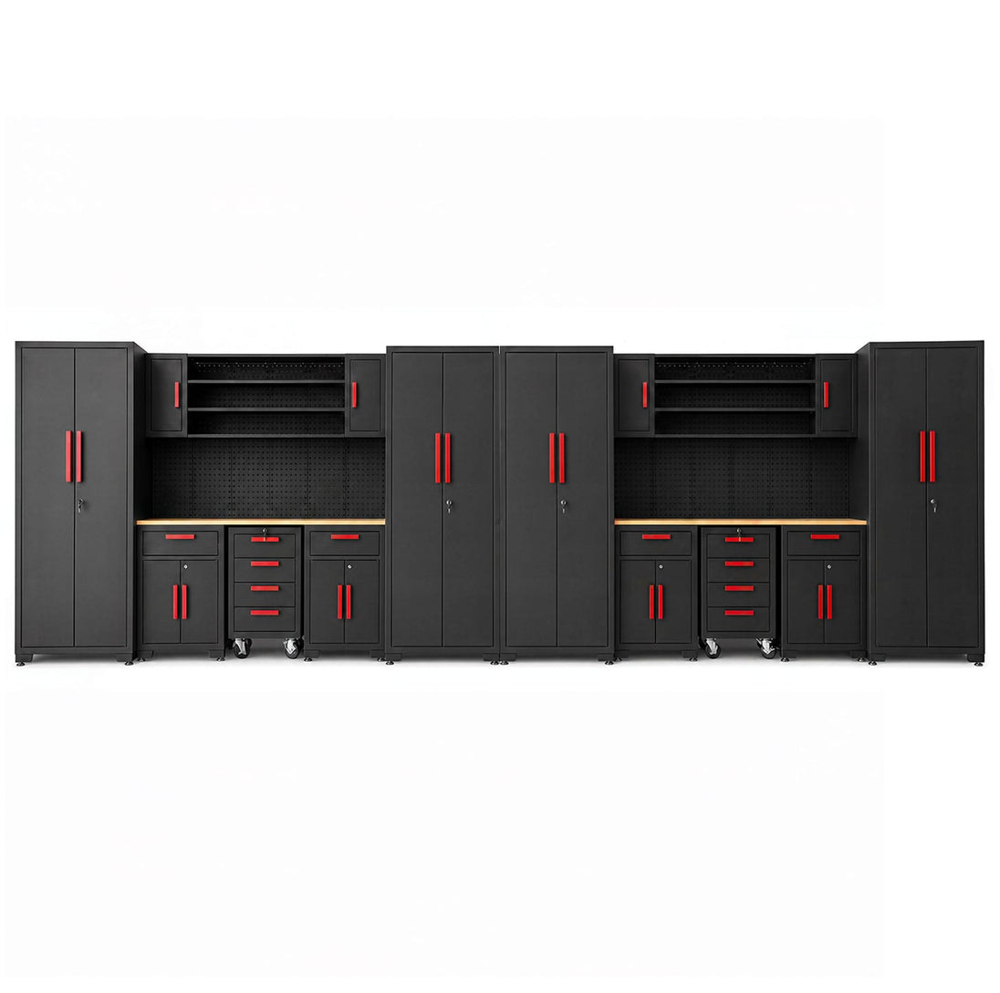 TCE Cabinet Set TCE Garage Storage Cabinets System, 16-Pcs Workshop Cabinet Set in Black, Included Steel Cabinets Drawers Rolling Chest and Pegboard,Locked Garage Storage Cabinet, 2-Year Warranty