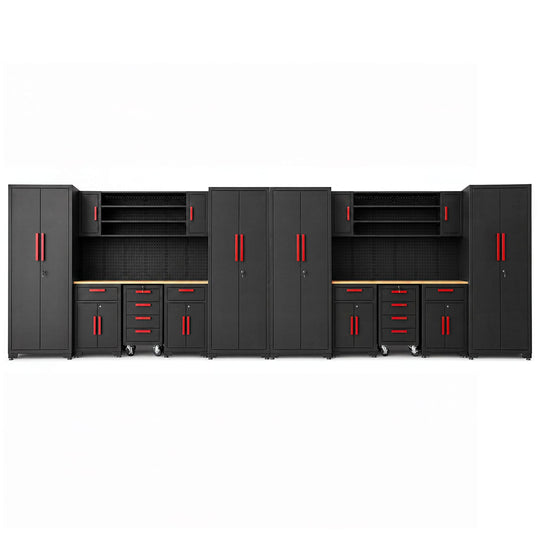 TCE Cabinet Set TCE Garage Storage Cabinets System, 16-Pcs Workshop Cabinet Set in Black, Included Steel Cabinets Drawers Rolling Chest and Pegboard,Locked Garage Storage Cabinet, 2-Year Warranty