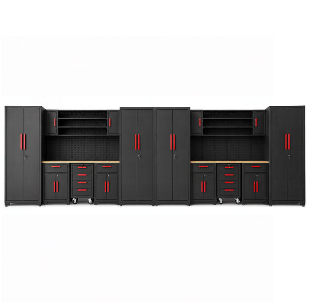 TCE Cabinet Set TCE Garage Storage Cabinets System, 16-Pcs Workshop Cabinet Set in Black, Included Steel Cabinets Drawers Rolling Chest and Pegboard,Locked Garage Storage Cabinet, 2-Year Warranty