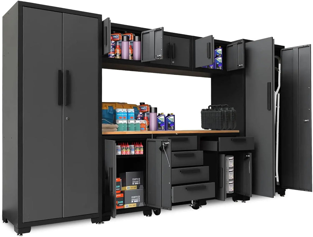 TCE Cabinet Set TCE Garage Cabinets Storage System, 9 Piece Included Steel Drawers Rolling Chest,Locked Storage Cabinet, Perfect for Organizing Garage and Tools, 129.92", 2-Year Warranty