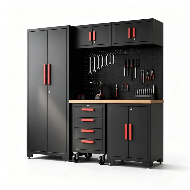 TCE Cabinet Set Free Terminal Shipping TCE Garage Storage Cabinets System, 6-Pcs Workshop Cabinet Set in Black