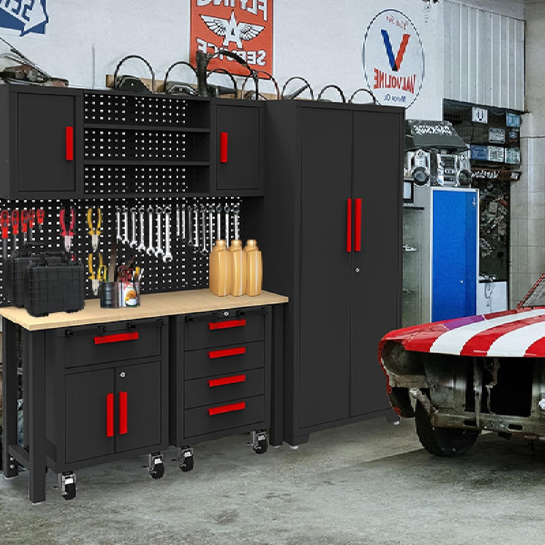 TCE Cabinet Set TCE Garage Storage Cabinets System, 6-Pcs Workshop Cabinet Set in Black