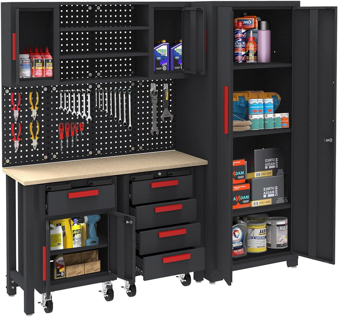 TCE Cabinet Set TCE Garage Storage Cabinets System, 6-Pcs Workshop Cabinet Set in Black