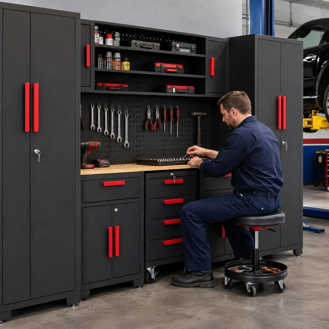 TCE Cabinet Set TCE Garage Storage Cabinets, Locked 8-Pcs Workshop Cabinet Set Included Adjustable Steel Cabinets, Drawers, Rolling Chest and Pegboard, for Home, Office, Warehouse Organisation