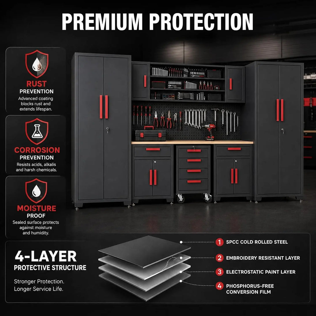 TCE Cabinet Set TCE Garage Storage Cabinets, Locked 8-Pcs Workshop Cabinet Set Included Adjustable Steel Cabinets, Drawers, Rolling Chest and Pegboard, for Home, Office, Warehouse Organisation