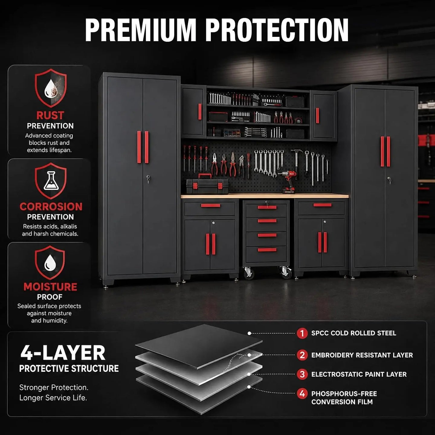 TCE Cabinet Set TCE Garage Storage Cabinets, Locked 8-Pcs Workshop Cabinet Set Included Adjustable Steel Cabinets, Drawers, Rolling Chest and Pegboard, for Home, Office, Warehouse Organisation