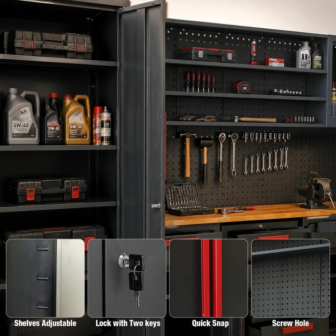 TCE Cabinet Set TCE Garage Storage Cabinets, Locked 8-Pcs Workshop Cabinet Set Included Adjustable Steel Cabinets, Drawers, Rolling Chest and Pegboard, for Home, Office, Warehouse Organisation