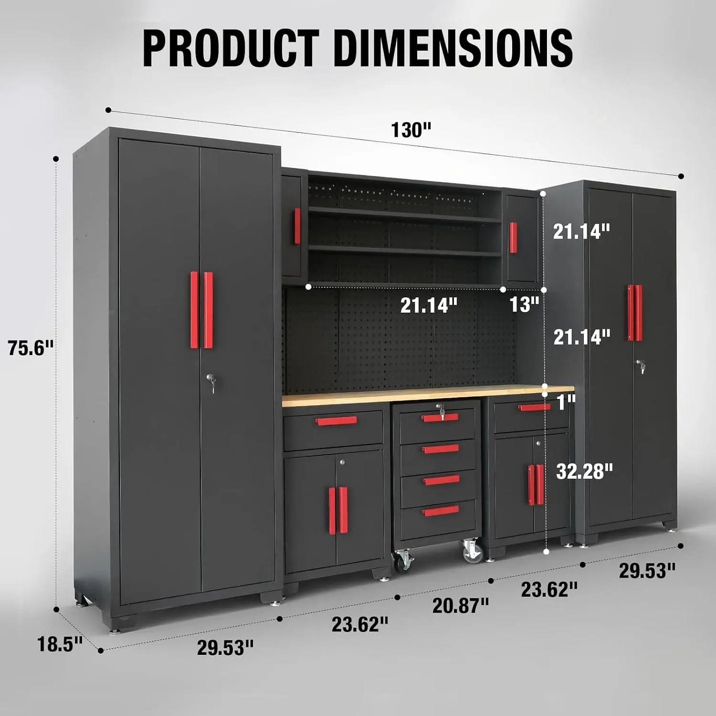 TCE Cabinet Set TCE Garage Storage Cabinets, Locked 8-Pcs Workshop Cabinet Set Included Adjustable Steel Cabinets, Drawers, Rolling Chest and Pegboard, for Home, Office, Warehouse Organisation