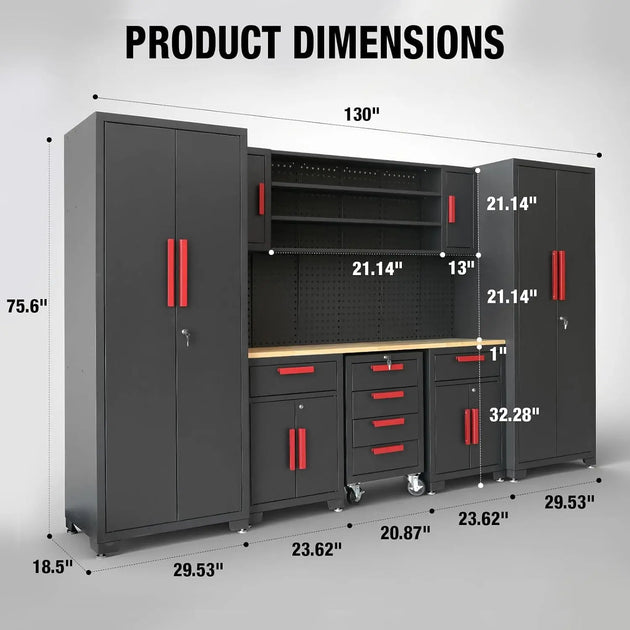 TCE Cabinet Set TCE Garage Storage Cabinets, Locked 8-Pcs Workshop Cabinet Set Included Adjustable Steel Cabinets, Drawers, Rolling Chest and Pegboard, for Home, Office, Warehouse Organisation