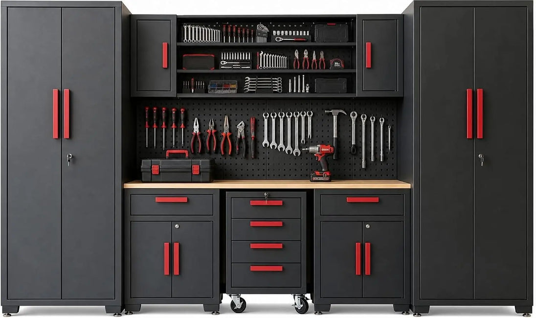 TCE Cabinet Set TCE Garage Storage Cabinets, Locked 8-Pcs Workshop Cabinet Set Included Adjustable Steel Cabinets, Drawers, Rolling Chest and Pegboard, for Home, Office, Warehouse Organisation