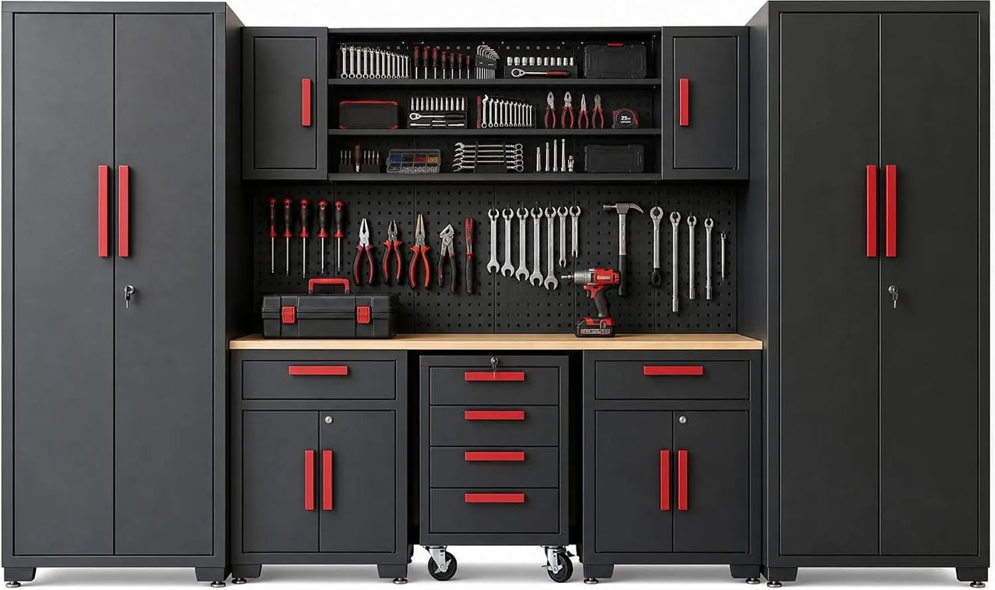 TCE Cabinet Set TCE Garage Storage Cabinets, Locked 8-Pcs Workshop Cabinet Set Included Adjustable Steel Cabinets, Drawers, Rolling Chest and Pegboard, for Home, Office, Warehouse Organisation