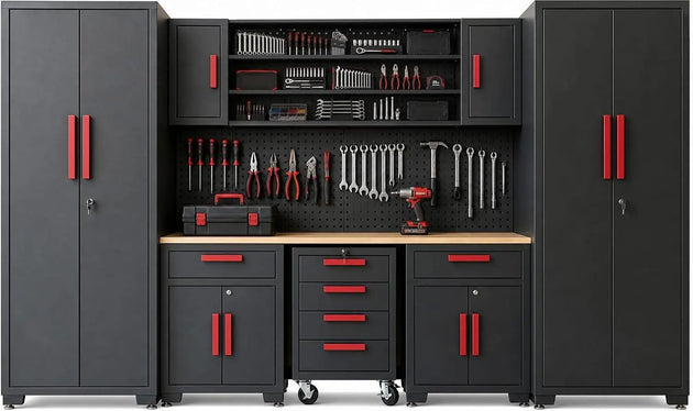TCE Cabinet Set TCE Garage Storage Cabinets, Locked 8-Pcs Workshop Cabinet Set Included Adjustable Steel Cabinets, Drawers, Rolling Chest and Pegboard, for Home, Office, Warehouse Organisation