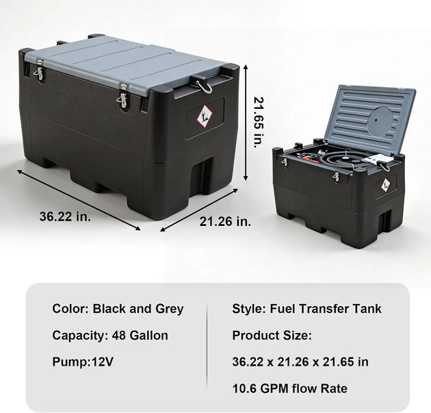 TCE Disesl Transfer Tank TCE 48 Gallon Capacity Portable Fuel Transfer Tank, Disesl Fuel Tank with 10.6 Gpm Flow Rate and 12V Transfer Tank Pump, 13.1ft Hose, for Easy Fuel Transportation Black and Grey