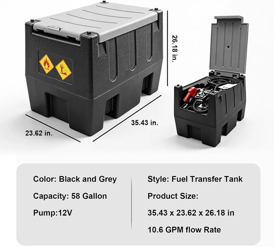 TCE Disesl Transfer Tank TCE 58 Gallon Capacity Portable Disesl Transfer Tank, Disesl Can with 10.6 Gpm Flow Rate and 12V Transfer Tank Pump, 13.1ft Hose, for Easy Disesl Transportation Black and Grey