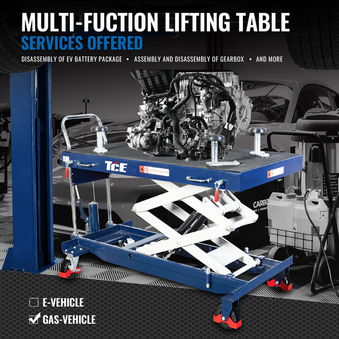 TCE Lift Table TCE Pro 2200 lbs/1 Ton Electric Scissor Lift Table Cart for EV Battery, Engine, Motor, and Gearbox, 3-Year Warranty, AS10001-BL