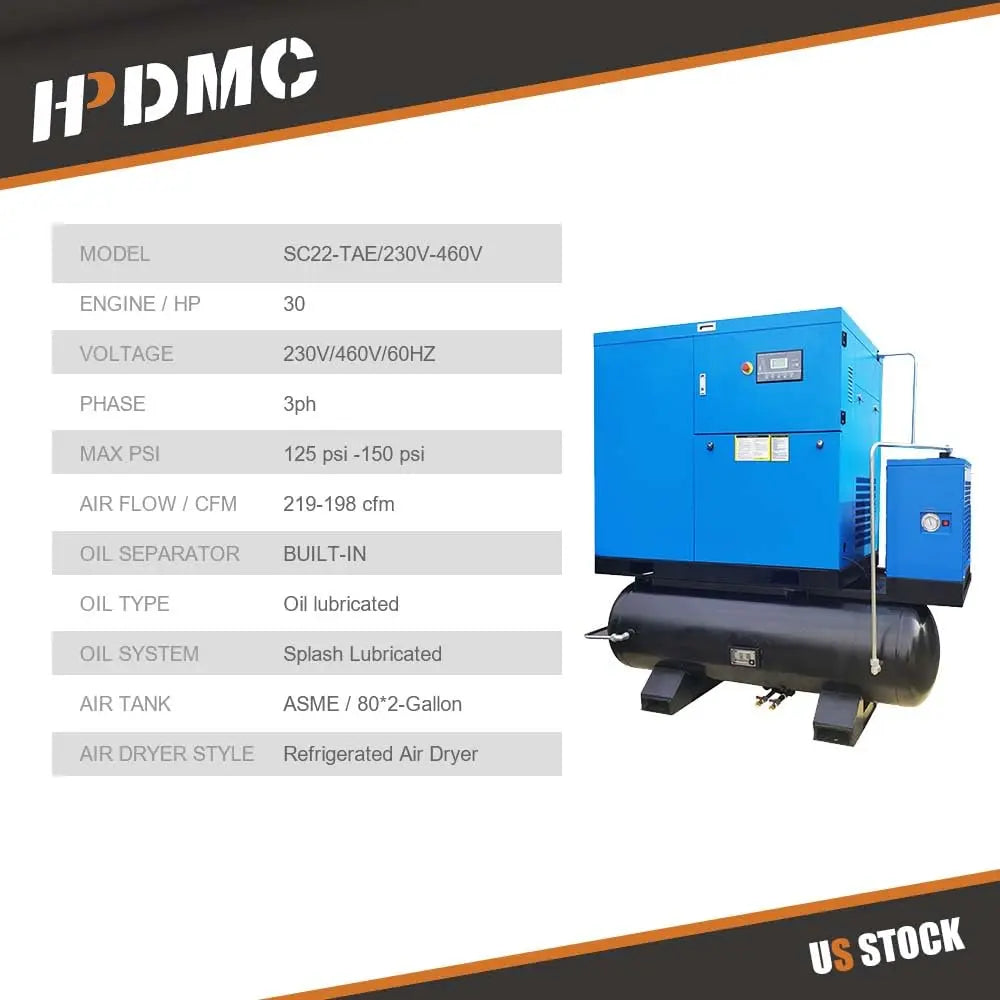 HPDMC Air Compressor Rotary Screw Air Compressor with Tand & Air Dryer All in One Heavy Duty Air Compressed System