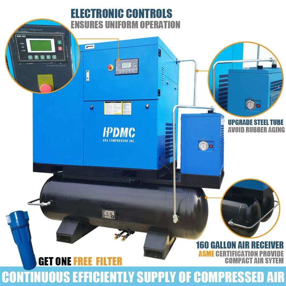 HPDMC Air Compressor Rotary Screw Air Compressor with Tand & Air Dryer All in One Heavy Duty Air Compressed System