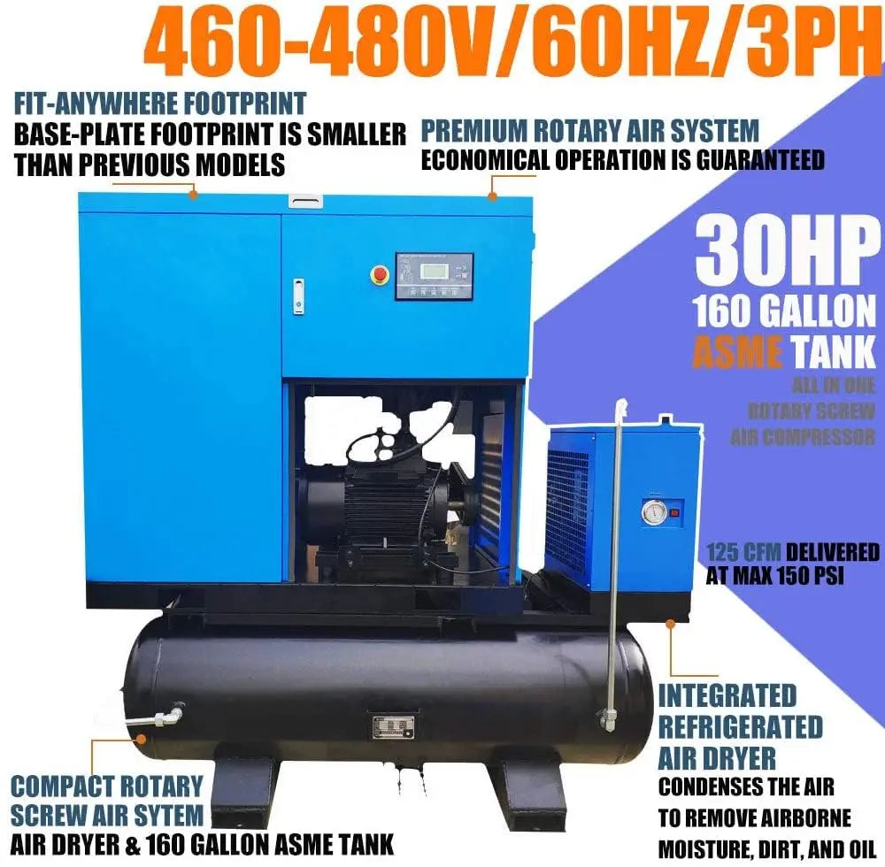 HPDMC Air Compressor Rotary Screw Air Compressor with Tand & Air Dryer All in One Heavy Duty Air Compressed System