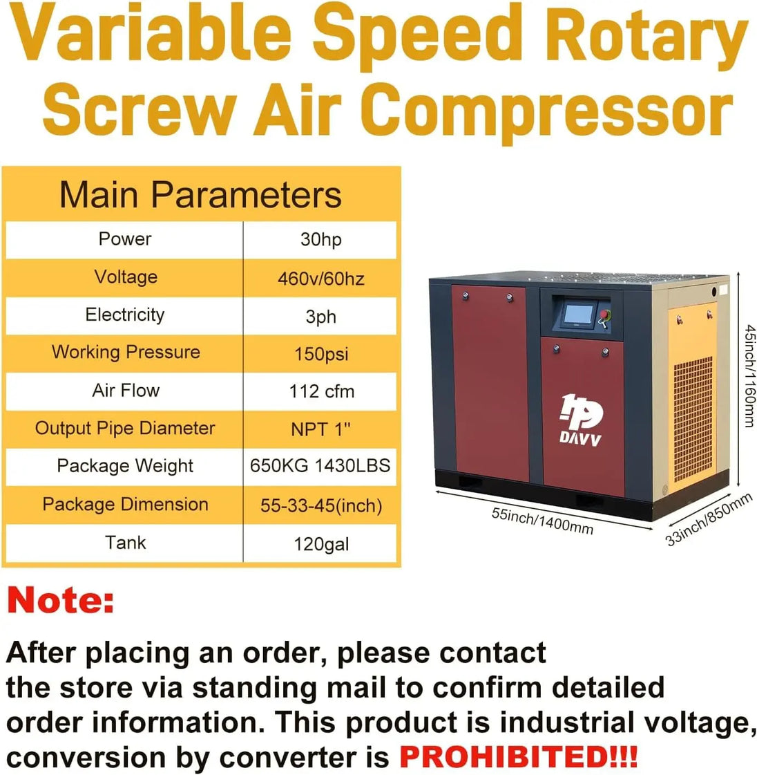 HPDMC Air Compressor DAVV Heavy-Duty Industrial Rotary Screw Air Compressor with Variable Frequency Drive - 30HP (22KW), 112CFM @ 150PSI, 460V 3-Phase, High-Efficiency Performance