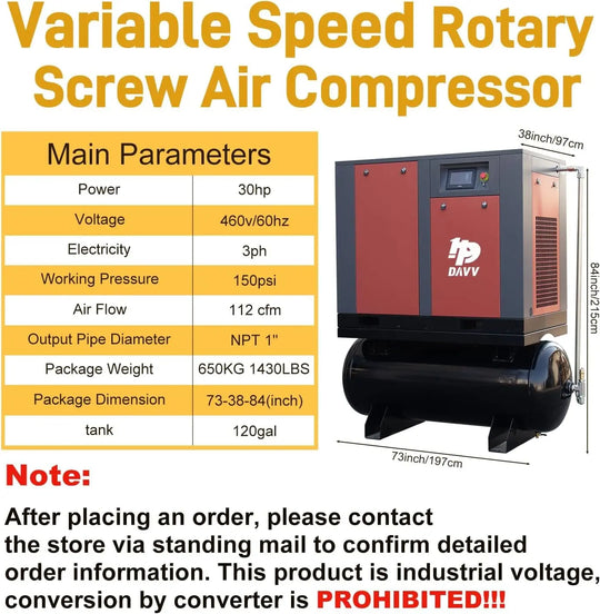 HPDMC Air Compressor DAVV Heavy-Duty Variable Frequency Drive Rotary Screw Air Compressor System - 30HP (22KW), 112CFM @ 150PSI, 120 Gallon ASME Tank, 460V 3-Phase, Industrial Base-Mounted