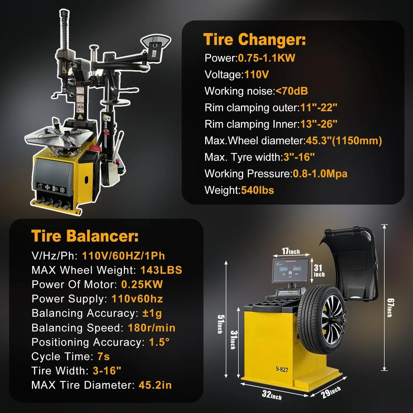Torin Inc. Tire stripping machine Tire Changer and Automatic Wheel Balancer Combo with Rear-Tilt & Auto Measurement, 110V for 10-26" Rims, Premium Tire Shop Equipment System