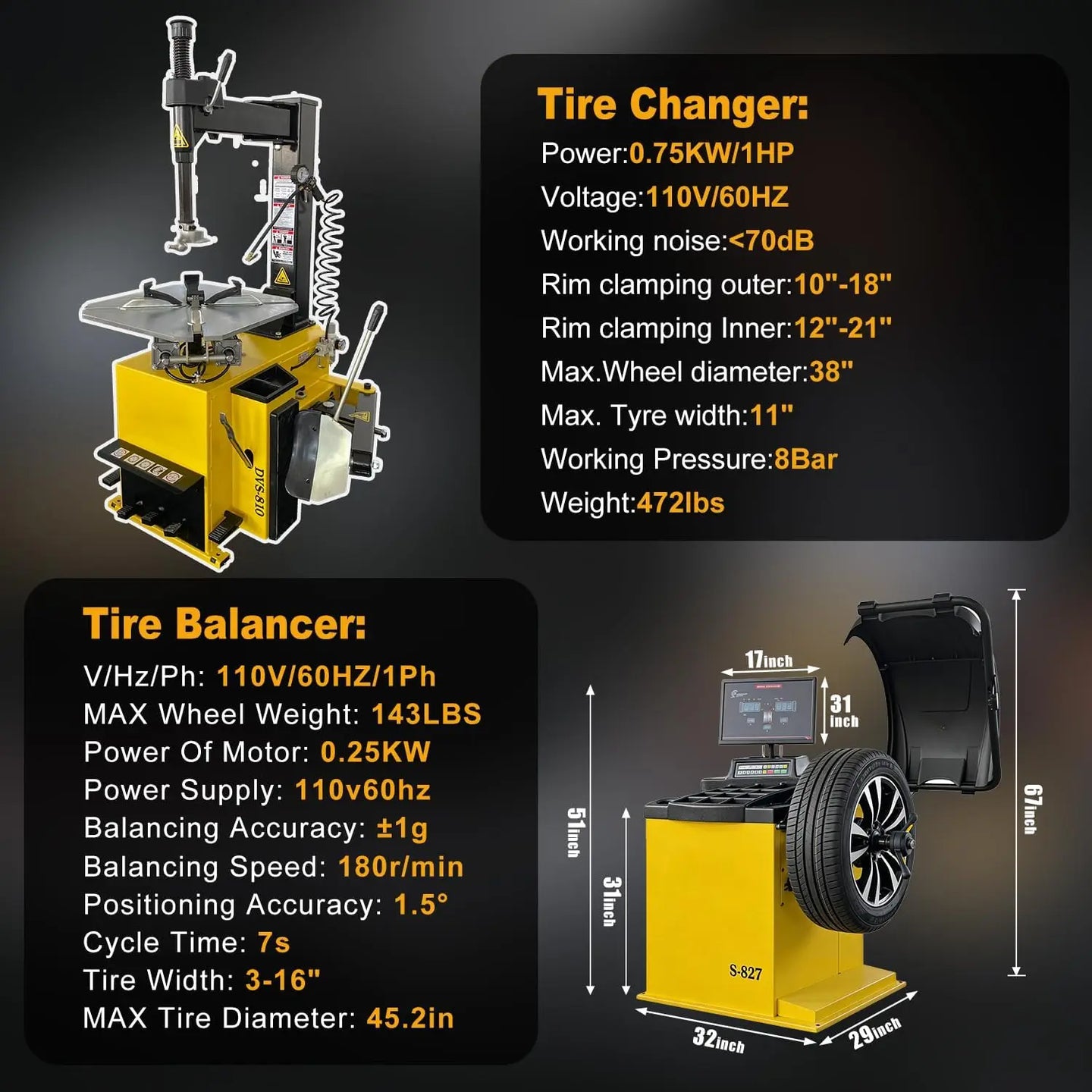 Torin Inc. Tire stripping machine Tire Changer and Premium Automatic Wheel Balancer Combo with Assist Arms & Auto Measurement, 110V for 10-26" Rims, Professional Tire Shop Equipment