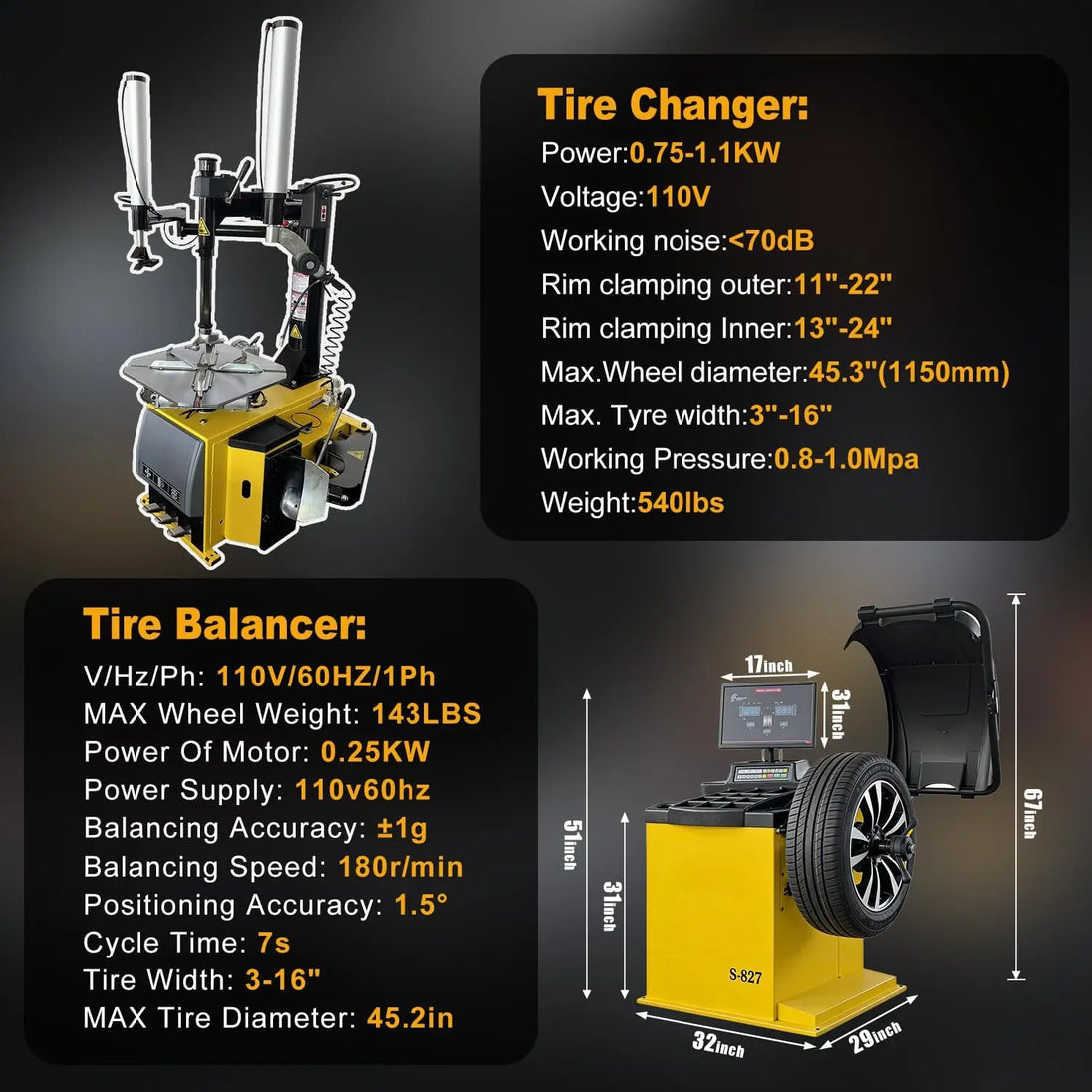 Torin Inc. Tire stripping machine Tire Changer and Automatic Wheel Balancer Combo with Bead Blaster & Auto Measurement, 110V for 10-26" Rims, Professional Tire Shop Equipment